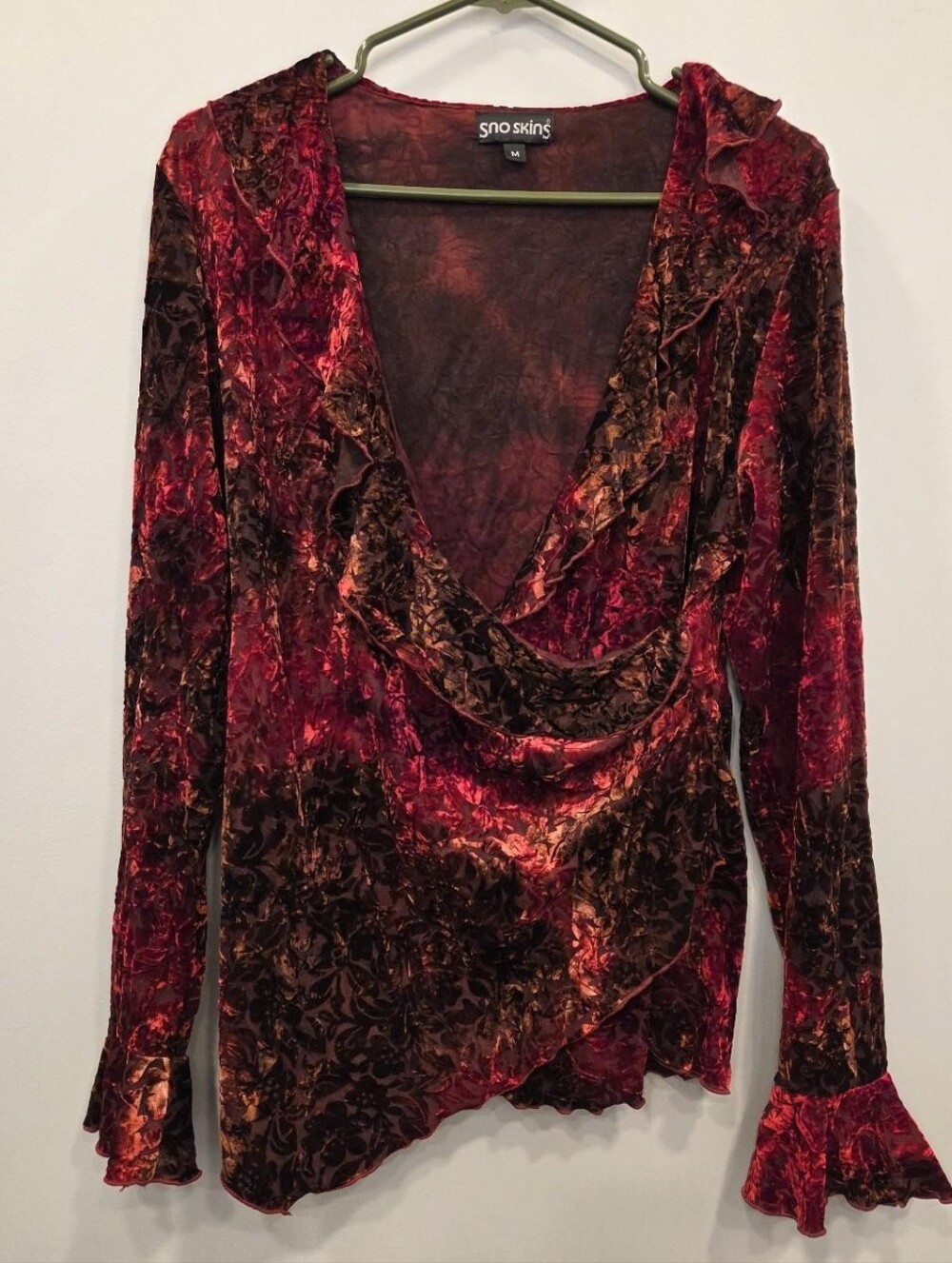 Sno Skins Y2K Red Velvet Long Sleeve Ruffled Blouse